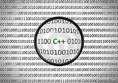 Binary code with C++ and magnifying lens Stock Photo