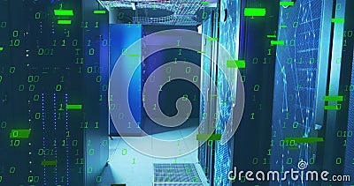 Binary code and data processing image over server room Stock Photo