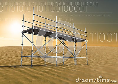 Binary code in desert with 3D Scaffolding Stock Photo
