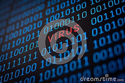 Binary code of 1 and 0 digits with a word Virus in the middle Stock Photo
