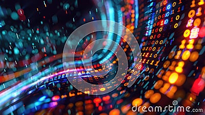 Binary code flows into colorful, visual patterns in an abstract representation of big data. Big data visualization Stock Photo