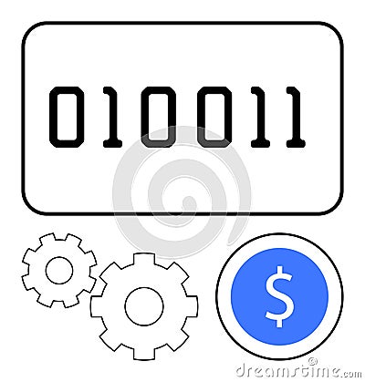 Binary Code Displayed with Gears and Dollar Icon Representing Digital Currency and Automation Vector Illustration