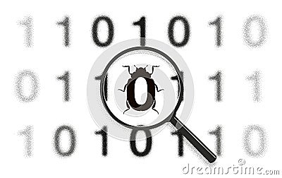 Binary code scan. One bug disguised as zero. Virus identify, web protection concept. Malware icon pattern. Magnifying Vector Illustration