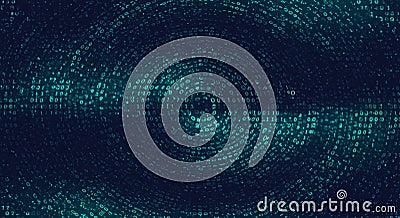 Binary code in shades of green forms a circular, vortex-like pattern against a dark background Stock Photo