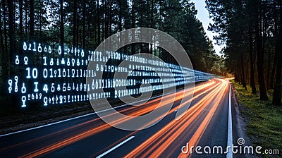 Binary Code Streamlines Down Country Road, Agile Data Transfer and Digital Transformation Concept Stock Photo