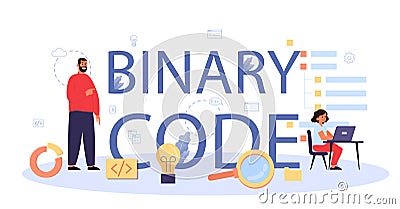 Binary code typographic header. Student write software and create Vector Illustration