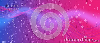 Binary Code Vector Background. Matrix Falling Binary Code. Purple Pink Blue Background. Technology Funky Music Template. Punk Vector Illustration