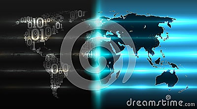 Binary code world map with with a background of abstract circuit boards. Concept of internet of things, vector illustration Vector Illustration