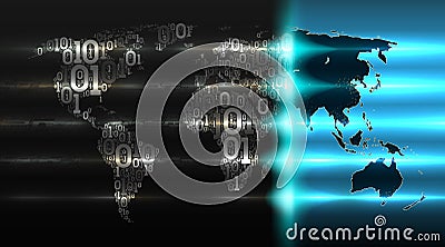 Binary code world map with with a background of abstract electronics. Concept of internet of things, cloud service, big data Vector Illustration