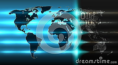 Binary code world map with a background of abstract hardware. Concept of digital technology, cloud service, internet of things Vector Illustration