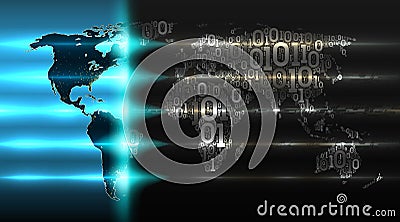 Binary code world map with a background of abstract hardware. Concept of digital technology, cloud service, internet of things Vector Illustration