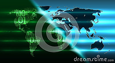 Binary code world map with background of abstract hardware. Digital global technologies take over world. Cloud service Vector Illustration