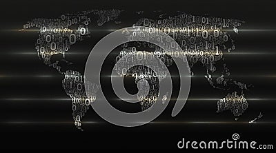 Binary code world map on dark cellular background. Abstract digital technologies transform the world. Concept of big data, vector Vector Illustration