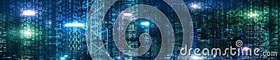 Binary computer code virtual city skyline. Matrix Mixed Media Background. Stock Photo