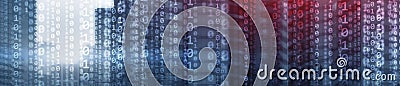 Binary computer code virtual city skyline. Matrix Mixed Media Background. Stock Photo
