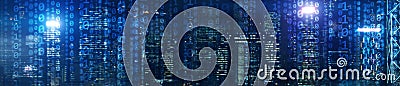 Binary computer code virtual city skyline. Matrix Mixed Media Background. Stock Photo