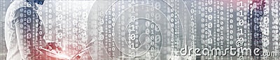 Binary computer code virtual city skyline. Matrix Mixed Media Background. Stock Photo