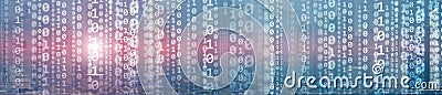 Binary computer code virtual city skyline. Matrix Mixed Media Background. Stock Photo