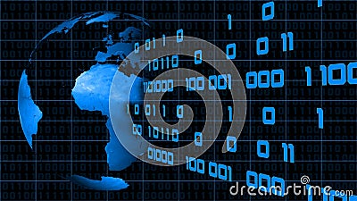 Binary concept background in blue colour - binary code flow away from earth globe Cartoon Illustration