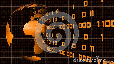 Binary concept background in orange colour - binary code flow away from earth globe Cartoon Illustration