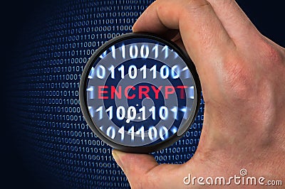 Binary encrypted code with encrypt word inside Stock Photo