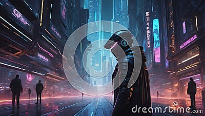 Binary Masquerade: Neon Waltz of the Enigmatic Hacker. Generative AI Stock Photo