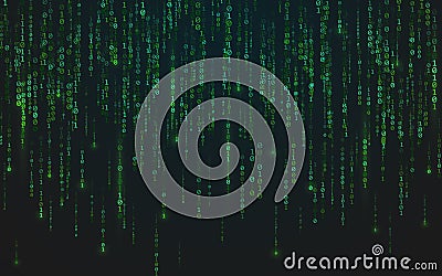 Binary matrix background. Green falling digits. Running bright numbers. Abstract data stream. Futuristic code backdrop Vector Illustration