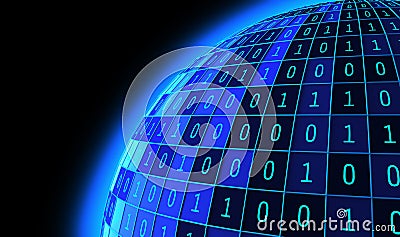 01 or binary numbers ball or sphere isolated on black. The computer screen on monitor matrix background, Digital data code in Cartoon Illustration