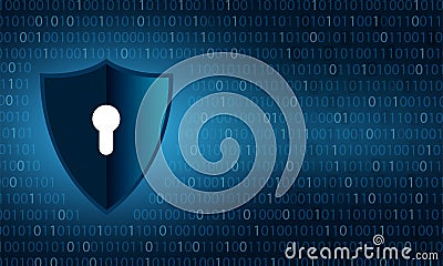 Binary shield security and data privacy protection shield and lock over binary digits background Stock Photo