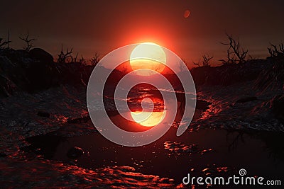 binary star sunset casting double shadows on exoplanet Stock Photo
