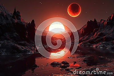 binary star sunset casting double shadows on exoplanet Stock Photo