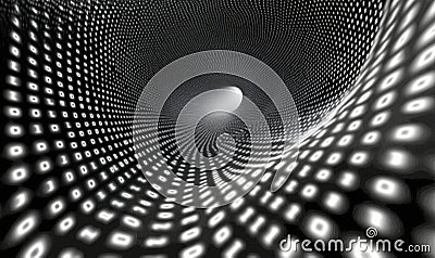 Binary tunnel with swirling digits, abstract representation of data flow, digital technology, monochrome design Stock Photo