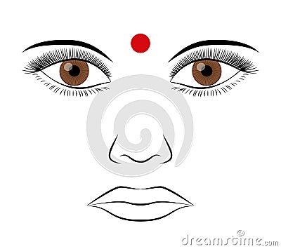 Bindi, colored red dot on the forehead, associated with the third eye Vector Illustration