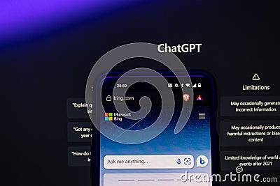 Bing on screen. Microsoft Bing is new AI CHAT bot launched by Microsoft. Bing and ChatGPT in background Editorial Stock Photo