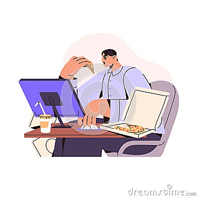 Binge eating concept. Busy employee having lunch on workplace. Office worker eats fast food, pizza during work. Overload Vector Illustration