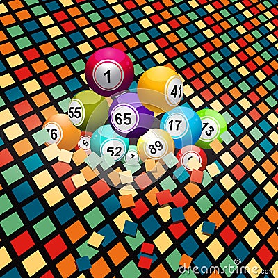 Bingo balls breaking a colored tiles background Stock Photo