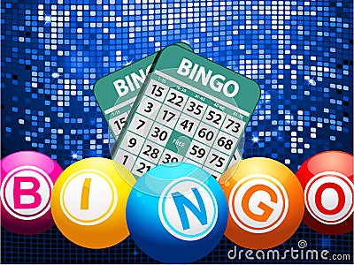 Bingo balls and cards on blue mosaic background Stock Photo