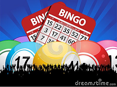 Bingo Balls cards and crowd on blue background Vector Illustration