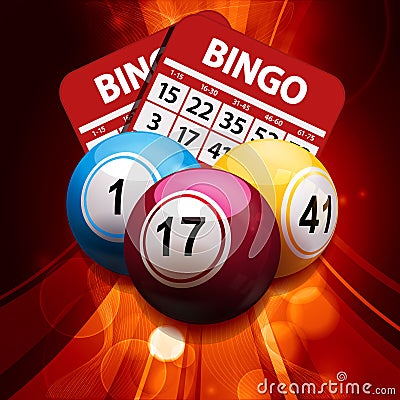 Bingo balls and cards on glowing abstract background Stock Photo