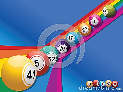 Bingo balls rolling down a curved rainbow Stock Photo