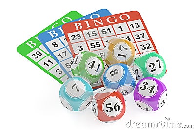 Bingo concept, lottery balls and cards. 3D rendering Stock Photo