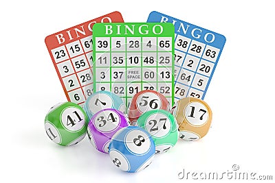 Bingo, lottery balls and cards. 3D rendering Stock Photo
