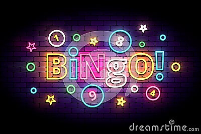 Bingo neon sign with lottery balls and stars. Vector Illustration