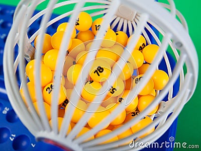 Bingo wheel with numbered balls inside Stock Photo