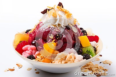 Bingsu: Shaved ice topped with sweet toppings, fruit and red bean paste, AI generative Stock Photo