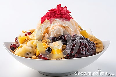 Bingsu: Shaved ice topped with sweet toppings, fruit and red bean paste, AI generative Stock Photo