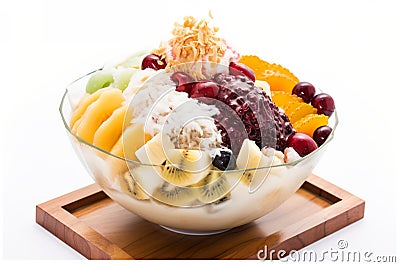 Bingsu: Shaved ice topped with sweet toppings, fruit and red bean paste, generative AI Stock Photo