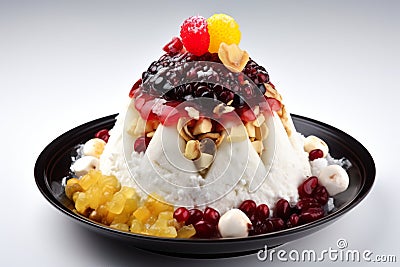 Bingsu: Shaved ice topped with sweet toppings, fruit and red bean paste, Generative AI Stock Photo