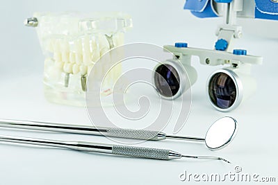 binocular loupes dentistry. Application of optics in the treatment of dental diseases. The concept of new technologies in medicine Stock Photo