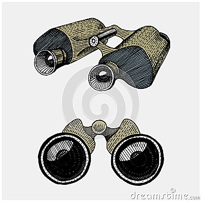 Binocular monocular vintage, engraved hand drawn in sketch or wood cut style, old looking retro instrument Vector Illustration